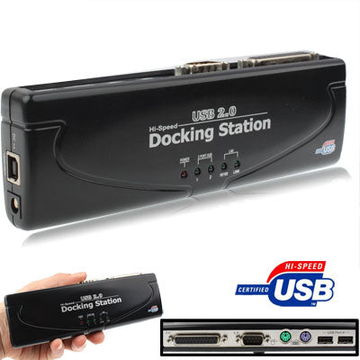 Lisslune | Hi-speed USB 2.0 Docking Station with 8 Ports (2xUSB 2.0 + PS2 Mouse + PS2 Keyboard + RS232 + DB25 + LAN + Upstream), Black