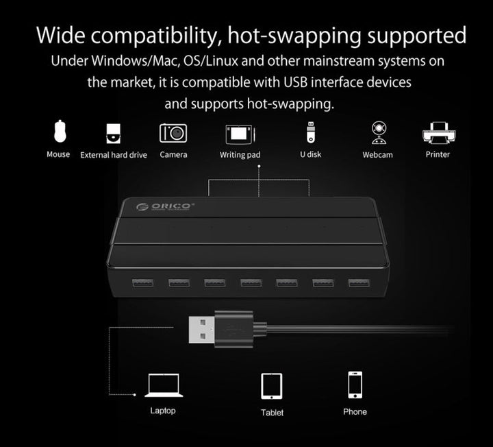 Lisslune | Orico H7928-U2-V1 Desktop 7 Ports USB 2.0 HUB with power adapter (Black)