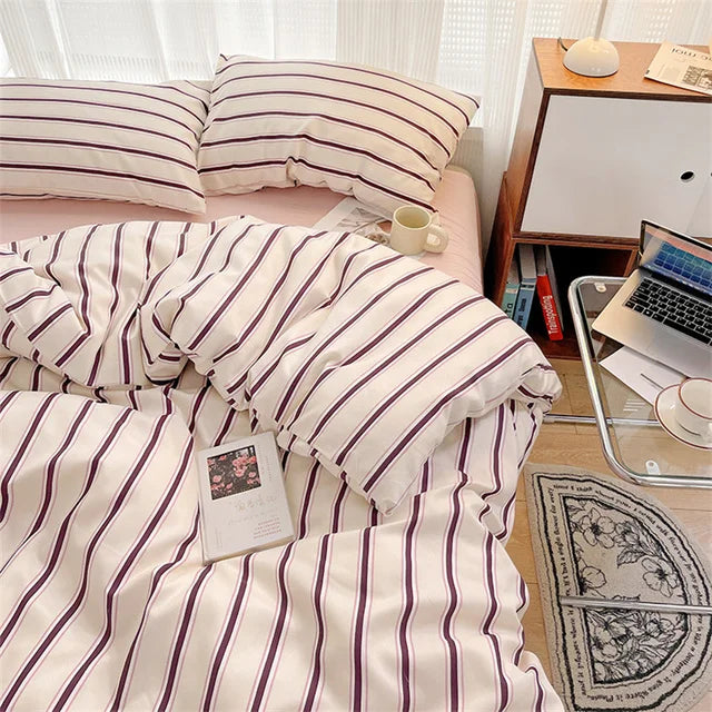 Rynx | Pure Cotton Home Textiles Blue Striped Bedding Set Simple Soft Duvet Cover Sheets Pillowcase In Style Bedding Queen King Size