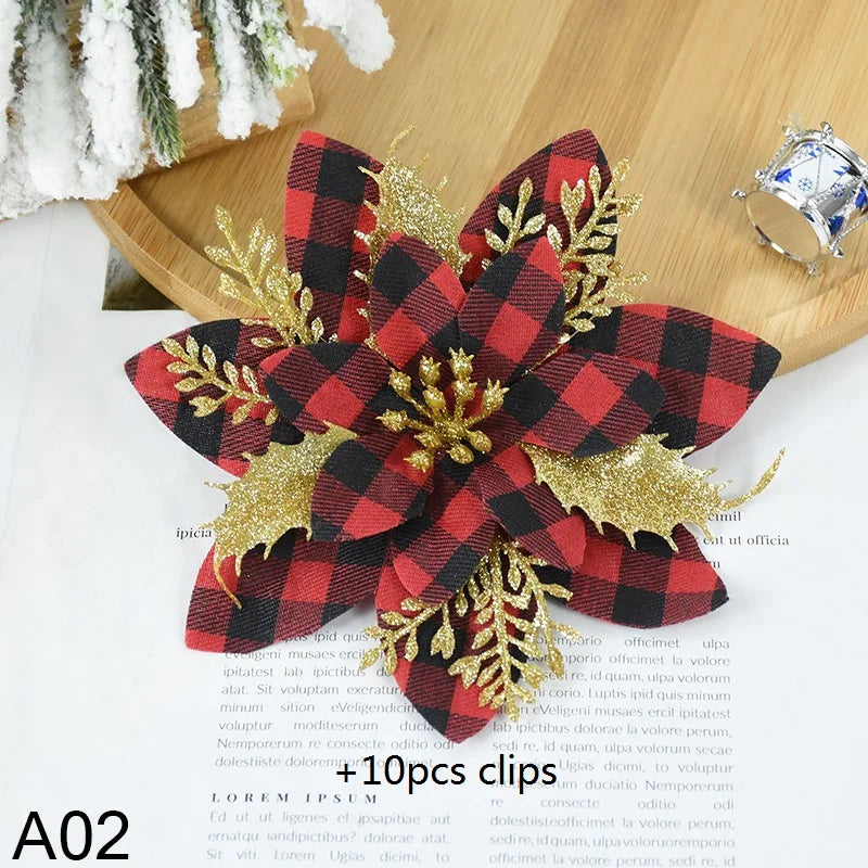 Rynx 5.7 inch artificial blue and black Christmas glitter flowers with clips 5/10 pieces Xmas tree flower ornaments Noel New Year decoration