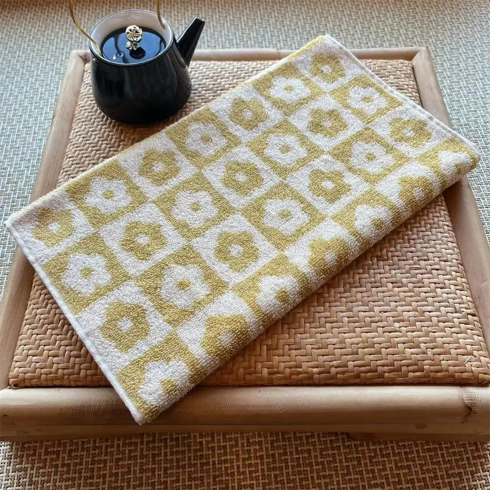 Rynx | Checkered Flower Cotton Towel Soft Skin-Friendly Face Towel Absorbent Bathroom Face Household Adult Children Towels