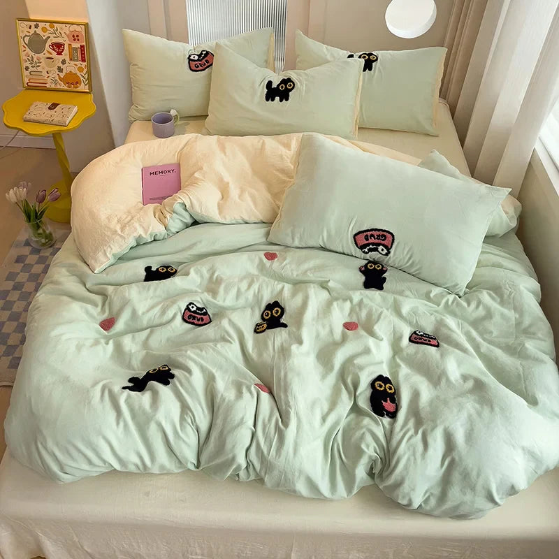 Rynx | Bedding set Super soft washed cotton towel embroidery duvet cover four-piece set - Lucky cat series