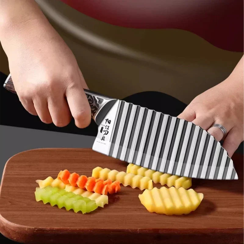 Lisslune | Wooden Handle Ribbed Design Kitchen Knife