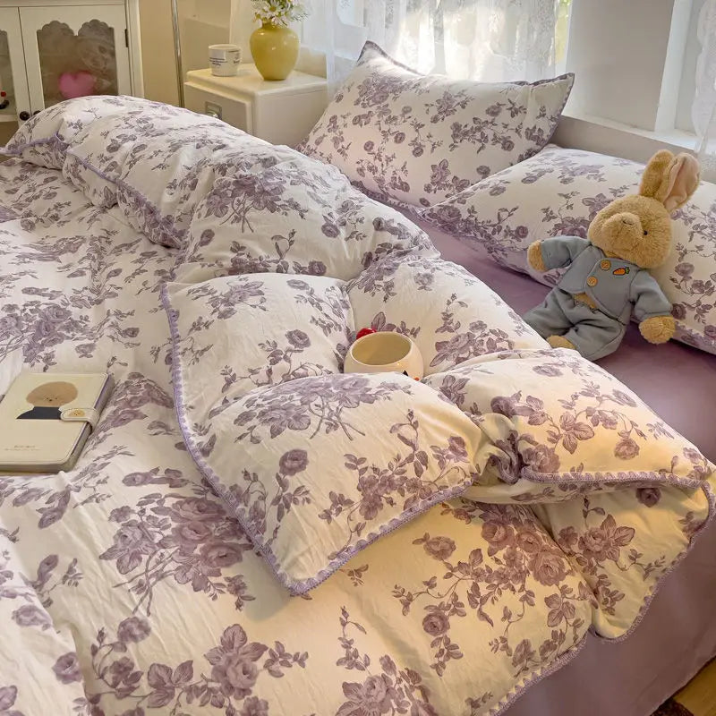 Rynx | In the Bedding Set Purple Love Stripes Double Layer Yarn Four-Piece Dorm Girl Heart Bed Sheet and Quilt Set Washed Cotton