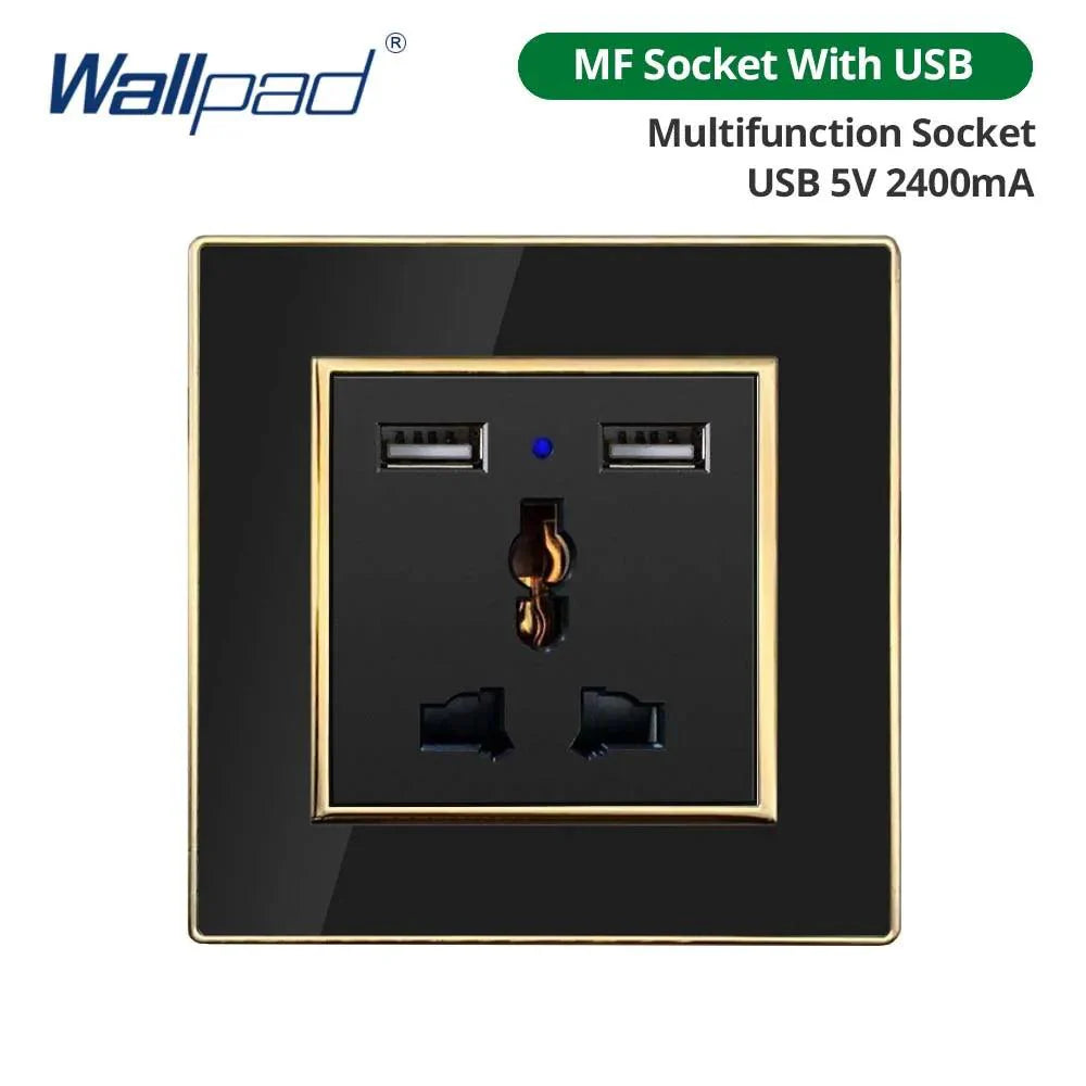 Lisslune | Luxurious black acrylic interchangeable panel with golden accents and universal sockets - 220V, multiple socket, modern design - Illuminated control panel with USB charging function