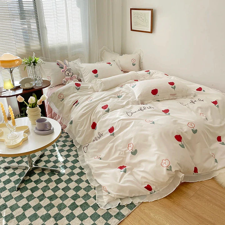 Rynx | Floral Style 100% Cotton Printed Soft Bed Linen Set Duvet Bedware Duvet Pillowcase Flat Sheet Comforter Set for Girls