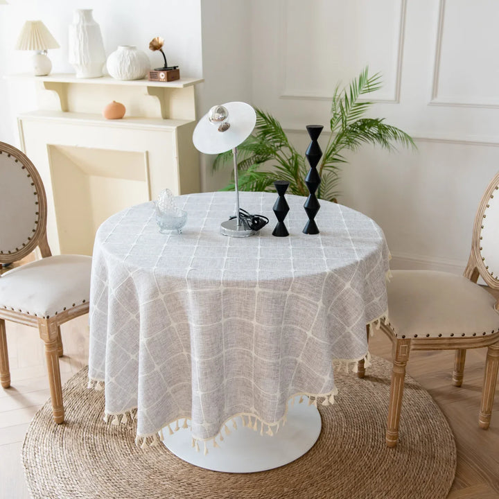 Rynx Cotton Linen Three-Dimensional Jacquard Checked Round Tablecloth, Tassel Dustproof Tablecloth, For Dinner Party Wedding Decor