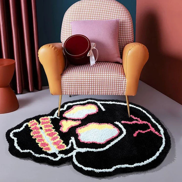Rynx | Cooler Black Tufting Skull Living Room Rug Soft Chic Carpet Bedroom Nightstand Mat Door Floor Anti-Slip Pad Aesthetic Home Decor