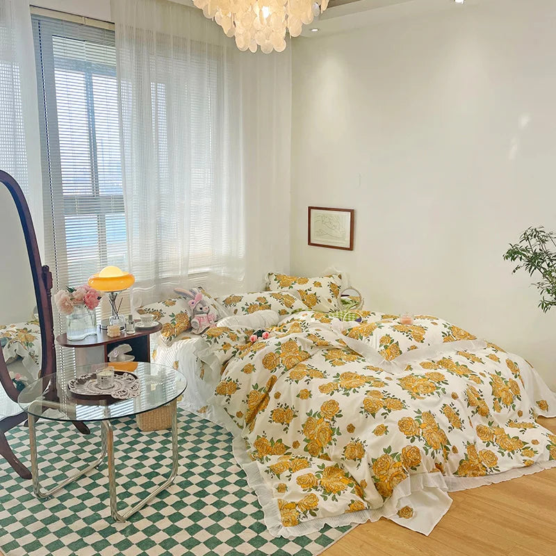 Rynx | Floral Style 100% Cotton Printed Soft Bed Linen Set Duvet Bedware Duvet Pillowcase Flat Sheet Comforter Set for Girls