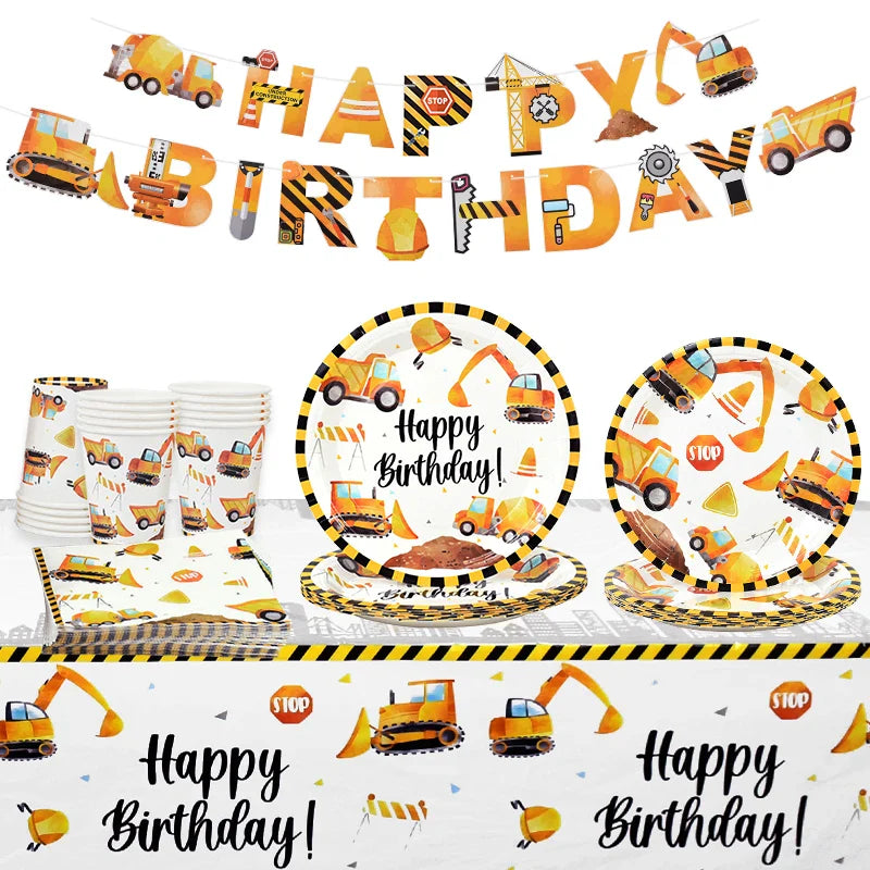 Rynx Construction Party Disposable Tableware Kids Boys Engineering Vehicle Theme Birthday Party Decorations Truck Balloon Supplies