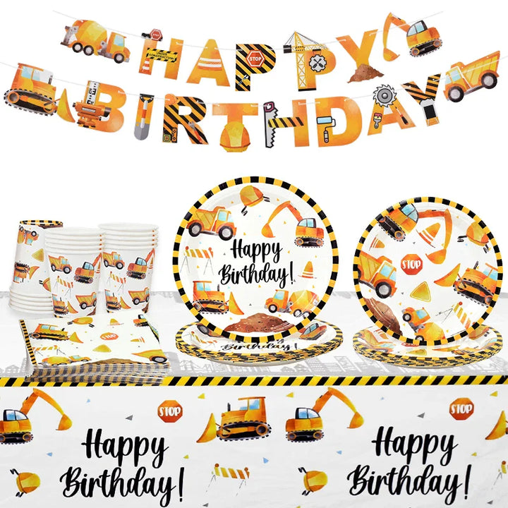 Rynx Construction Party Disposable Tableware Kids Boys Engineering Vehicle Theme Birthday Party Decorations Truck Balloon Supplies