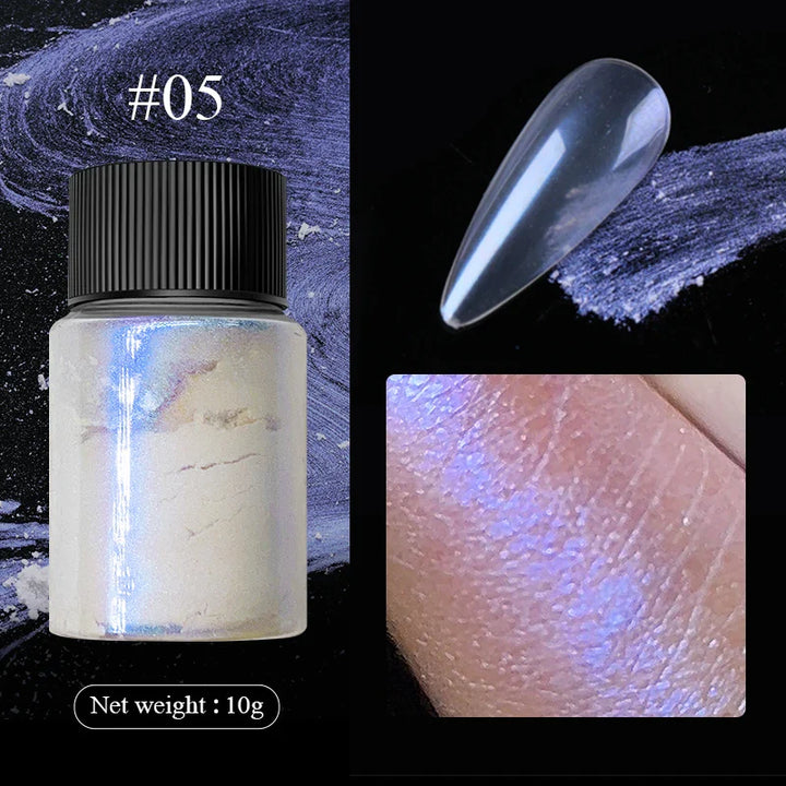 Rynx | Aurora Pearl White Nails Glitter Dust Chrome Gradient Rubbing on Powder Mirror Reflective Magnetic Pigment Nail Art Decorations