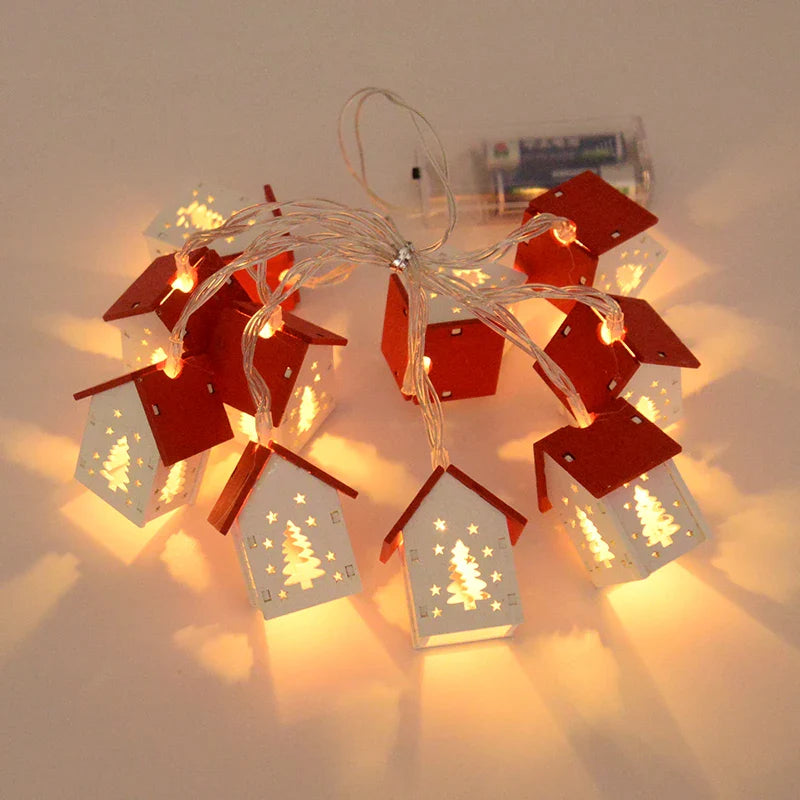 Rynx Christmas Wooden House LED String Lights Xmas Tree Hanging Decoration Christmas Decoration For Home Kids New Year Gift Navidad