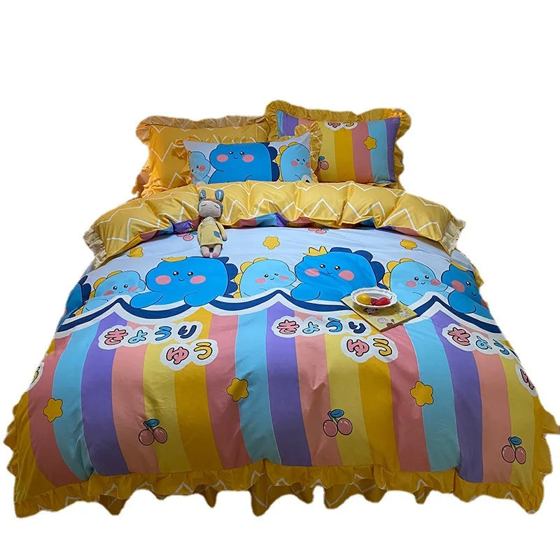 Lisslune | Korean-Vierteil-Set Herbst Winter Bettwäsche Prinzessinnenstil Spitzenbettbezug Blatt Frühling und Sommer Bett