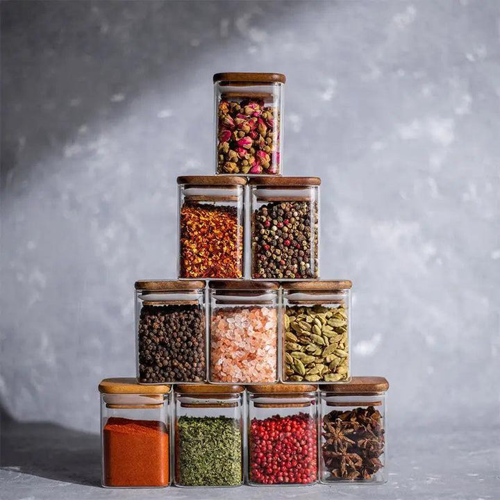 Lisslune | Elegant Acacia Wood and Glass Spice Jar Set - 4 Pieces for Kitchen Organization