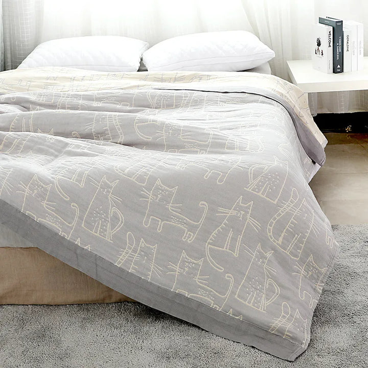 Rynx | Textile City Cartoon Cat Throw Four Layers Bamboo Cotton Gauze Blanket Single Double Four Seasons Towel for Bedroom 200x230cm
