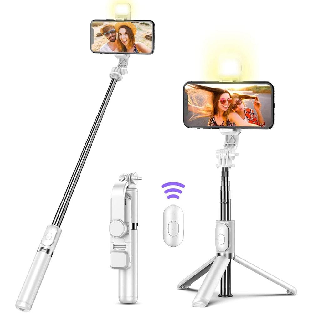 Lisslune | Versatile wireless tripod selfie stick with Bluetooth remote control, 360° rotation and built-in fill light - Compatible with Android and iOS