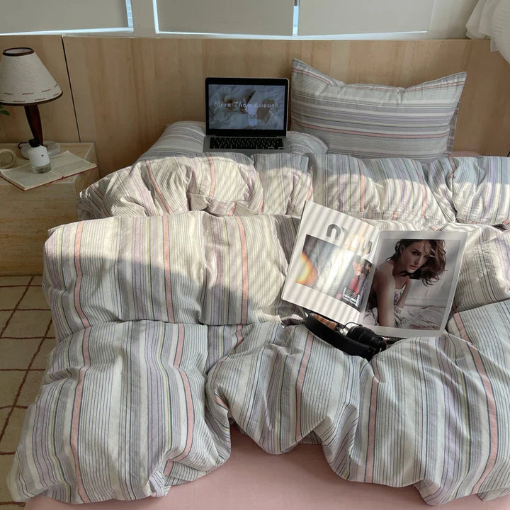 Rynx | 100% Cotton Soft Bedding Set Striped Print Duvet Cover with Pillowcase Bedding Bedspread Pillowcases Duvet Sets
