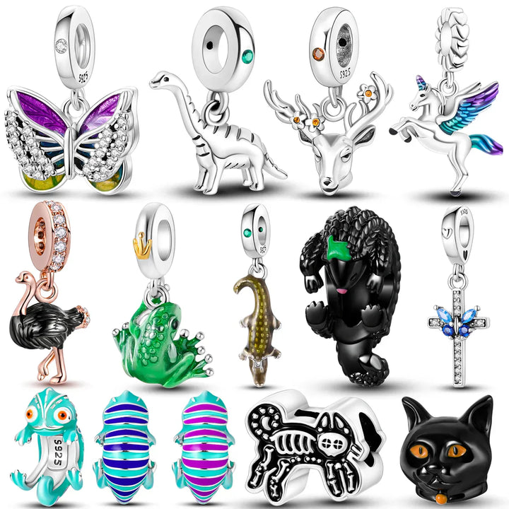 Lisslune | 925 Silver Golden Leopard Charms Beads Colorful Chameleon Rhinoceros Lion Scarab Cat Pendant Compatible with Original Pandora Bracelet Jewelry