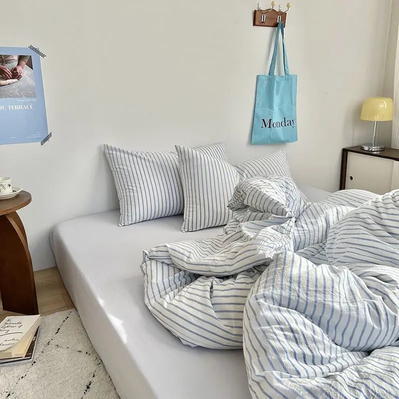 Rynx | Ins Style Bedding Set Duvet Cover Wash Cotton Stripes Summer Soft Cool Summer Bed Sheet Set Blanket Set Comforter Cover