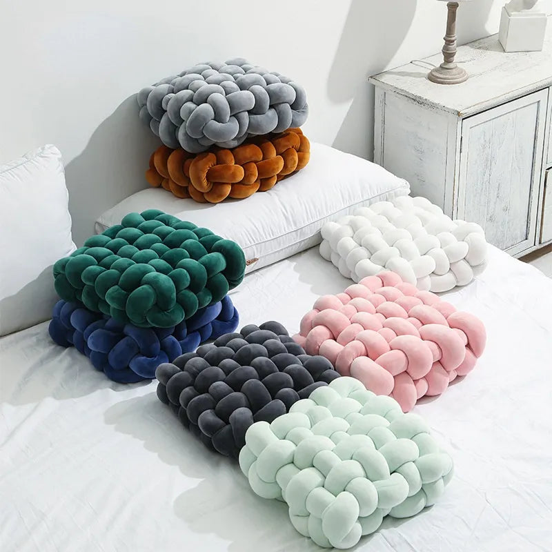 Lisslune | Living Room Soft Plush Knot Pillow Sofa Pillow Solid Color Square Handwoven Home Throw Pillow Square Woven Seat Cushion Pillow
