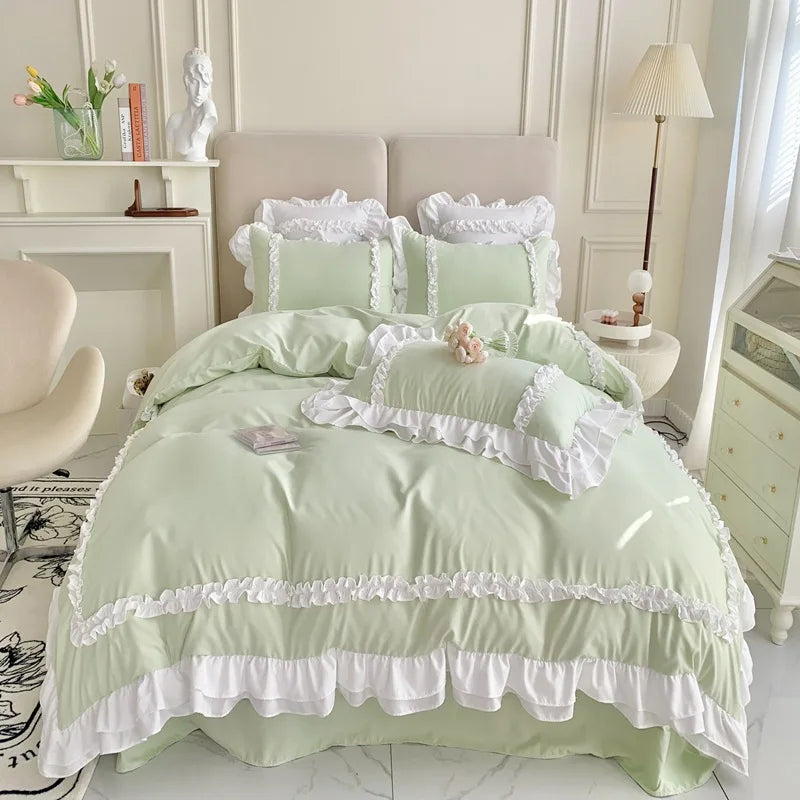 Rynx Elegant Lace Bedding Sets Luxury Bedding Princess Washed Cotton Ruffle Duvet Cover Bed Sheet and Pillowcases for Girls Luxury