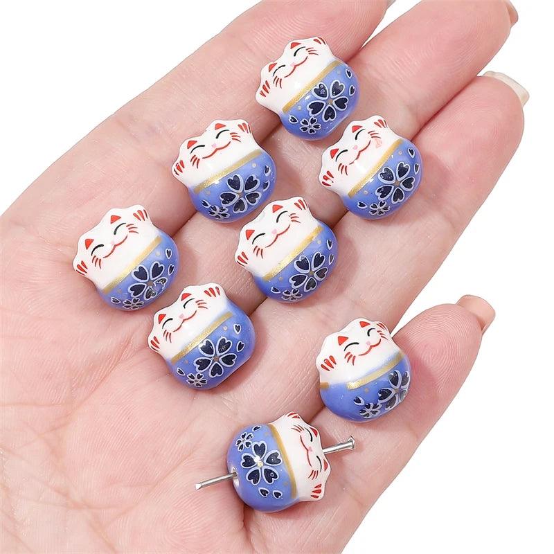 Lisslune | Set of 2 Artisan 14mm Ceramic Lucky Cat Charms for Creative Jewelry Designs