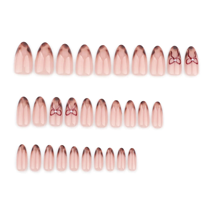 Rynx | Brown Leopard Gradient French Nail Art Red Bow Pearls False Nails Removable Ready-Made False Nails To Stick With Glue