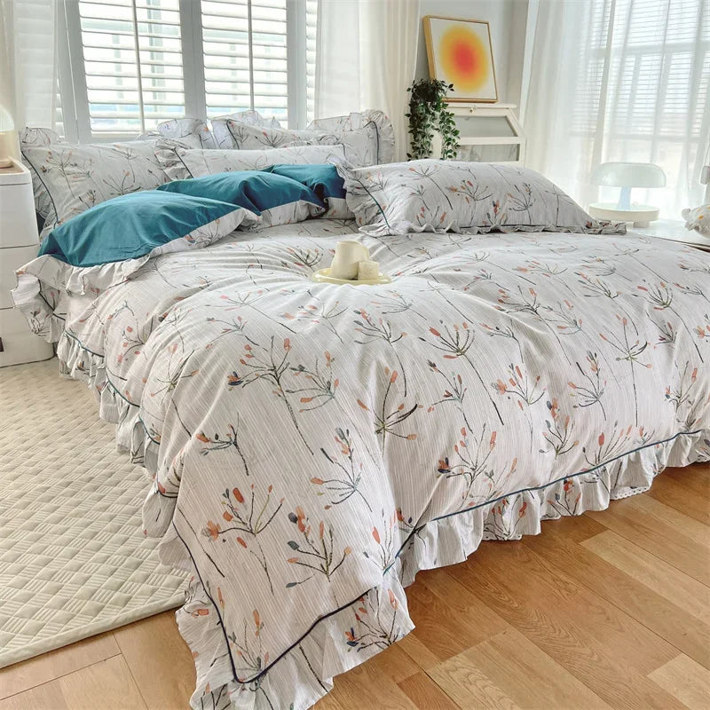 Rynx Princess Style Ruffled 100% Cotton Duvet Cover Set or Single Duvet Covers Floral Soft Duvet Cover Cotton Sweet Duvet Covers