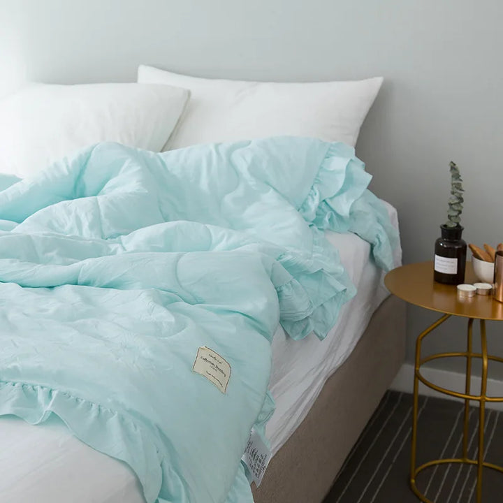 Rynx Summer Blanket Cool Blanket Korean Style Ruffle Spring Autumn Solid Color Air Conditioning Blanket, Blanket Cool Bedspread