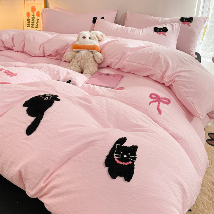 Rynx | Korean Style Pink Bedding Set Black Cat Embroidery Washed Cotton Duvet Cover Cute Cartoon Bedding Comforter Sets