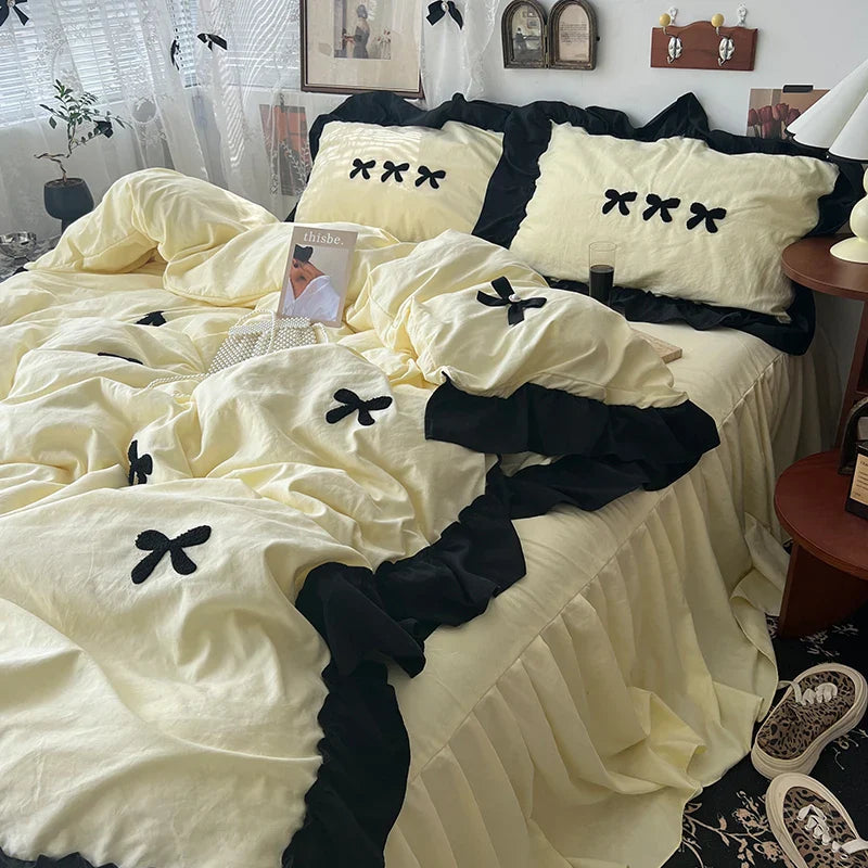 Rynx | Korean princess style Kawaii girls black bow bedding set skin-friendly soft duvet cover set bed sheets or bed skirt pillowcases