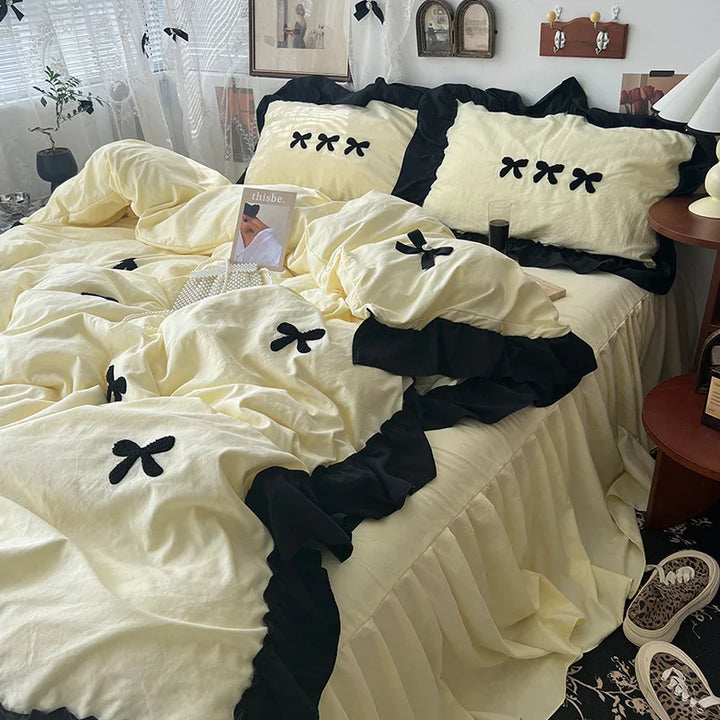 Rynx | Korean princess style Kawaii girls black bow bedding set skin-friendly soft duvet cover set bed sheets or bed skirt pillowcases