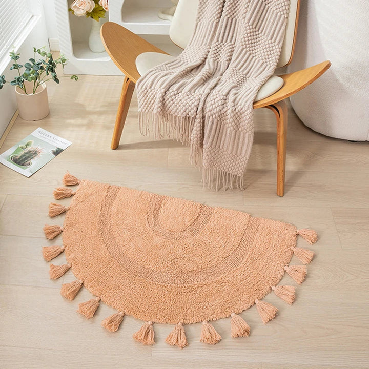 Rynx | Half Circle Cotton Rug Handcrafted Tassel Mat Soft Kids Pet Play Area Rug Kids Bedroom Decorative Mat Home Decoration