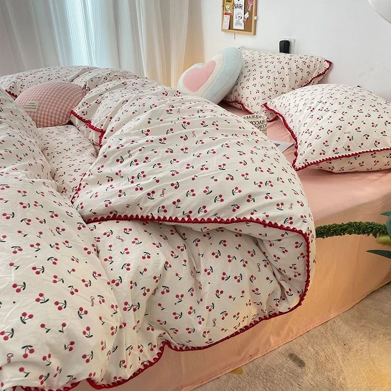 Rynx | Bedding set INS Girls Cherry Soft washed cotton bed sheet Queen King size duvet set Comforter set pillowcase bedding