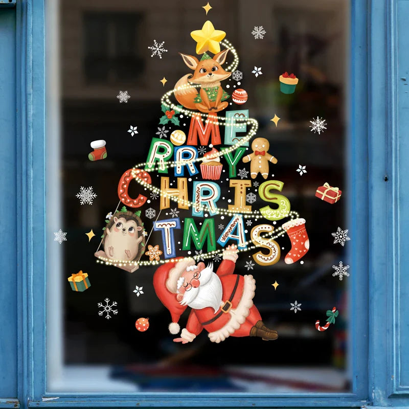 Rynx Christmas Window Stickers Santa Claus Christmas Tree Cartoon Glass Stickers Merry Christmas New Year Decorations for Home