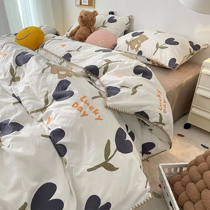 Rynx | Bedding Set Flora INS Girls 2024 New Tulip Rabbit Double-layered Bedding Set of four pieces washable cotton Bed Sheets Duvet Cover Set