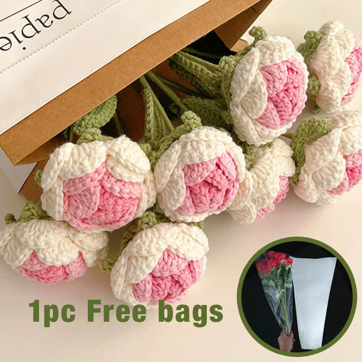 Rynx | 1PC knitted flower rose tulips daisies artificial flower bouquets wedding party decoration hand knitted crochet woven bouquet