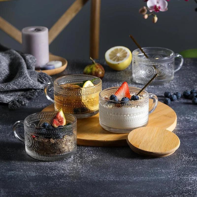 Rynx | Set Vintage Coffee Mugs Overnight Oats Containers with Bamboo Lids and Spoons 14oz Clear Embossed Glass Cups Iced Coffee Glasses
