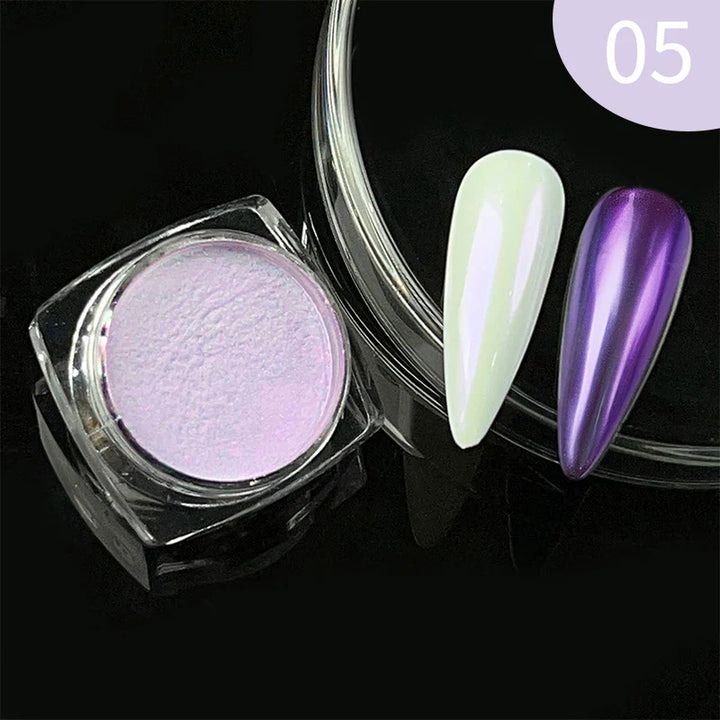 Rynx | Aurora Pearl White Nails Glitter Dust Chrome Gradient Rubbing on Powder Mirror Reflective Magnetic Pigment Nail Art Decorations