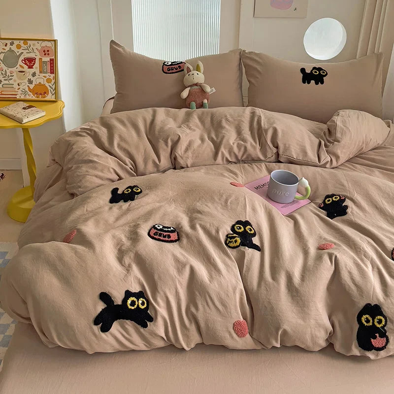 Rynx | Bedding set Super soft washed cotton towel embroidery duvet cover four-piece set - Lucky cat series