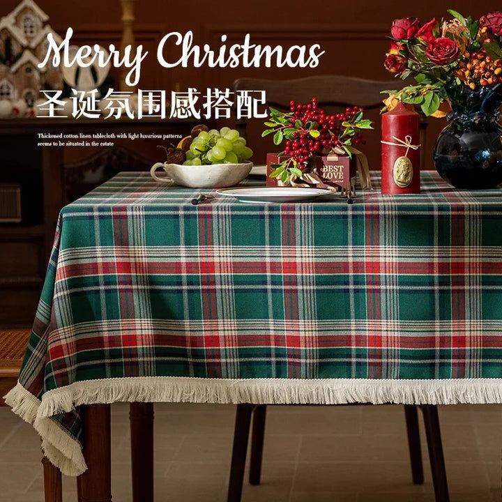 Rynx Christmas Grid Tablecloth with Fringes Rectangular Polyester Cotton Dustproof Table Surface Cover, for Home Celebration Birthday Decor