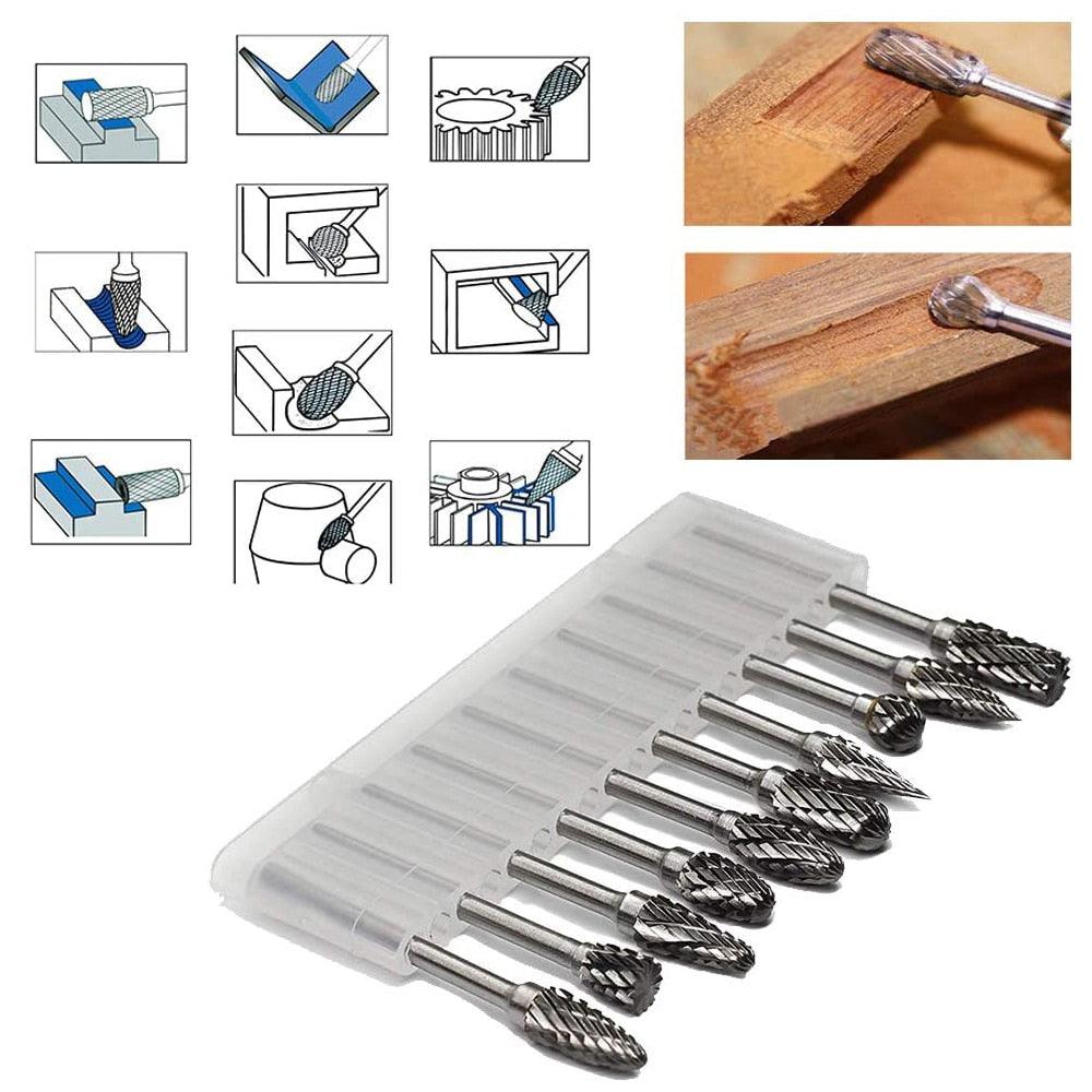 Lisslune | Tungsten Carbide Burr Set for Woodworking: 10-piece Precision Tool Set