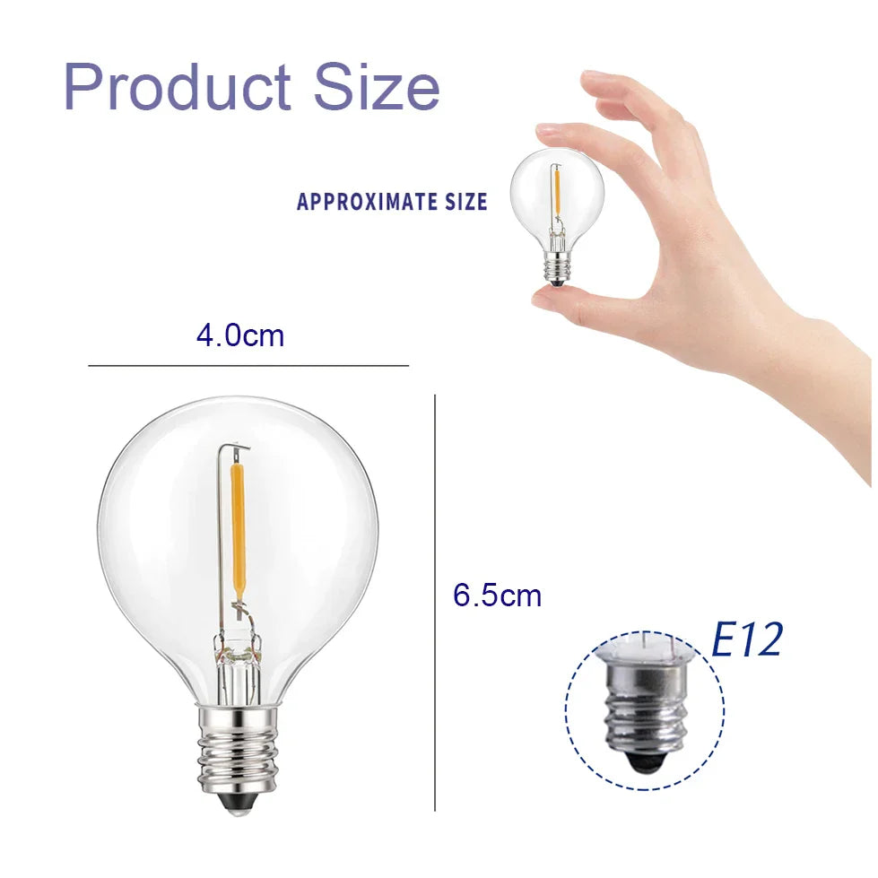 Lisslune | G40 bulbs, E12, 5 V, 110 V, 220 V, 1 W, plastic globe bulbs, string lights, for indoor and outdoor use, terrace, home, garden, decoration, warm white