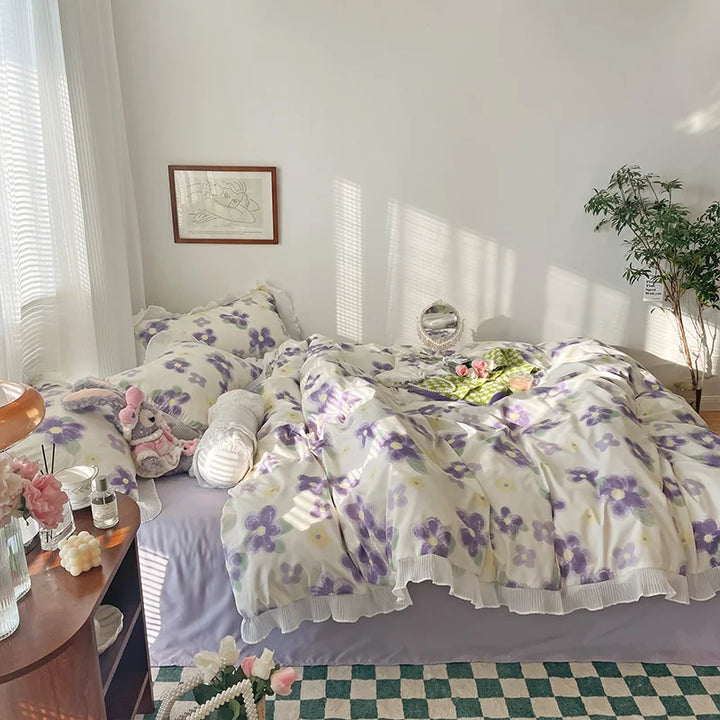 Rynx | Floral Style 100% Cotton Printed Soft Bed Linen Set Duvet Bedware Duvet Pillowcase Flat Sheet Comforter Set for Girls