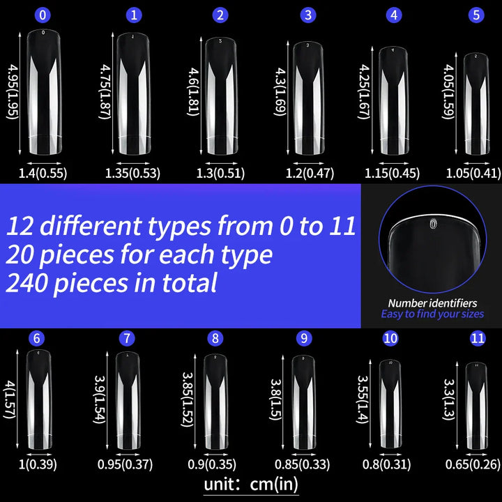 Rynx | 240PC Hawk Curve Long Square Plastic Nails 12 Size XXL Extra Deep Curve Full Cover Acrylic Artificial Tips Eagle Claw Nail Extension Tip