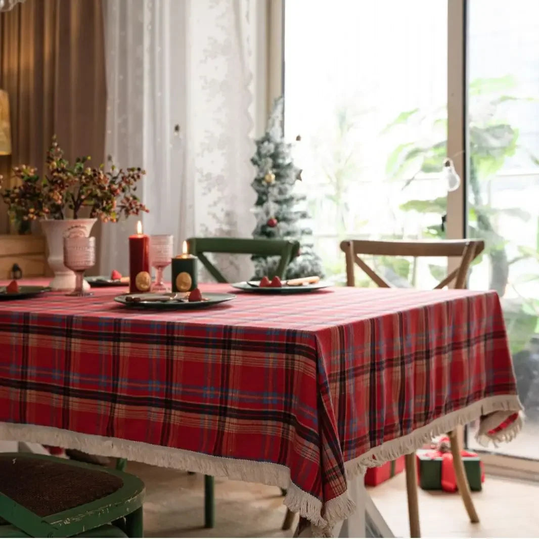 Rynx Christmas Grid Tablecloth with Fringes Rectangular Polyester Cotton Dustproof Table Surface Cover, for Home Celebration Birthday Decor