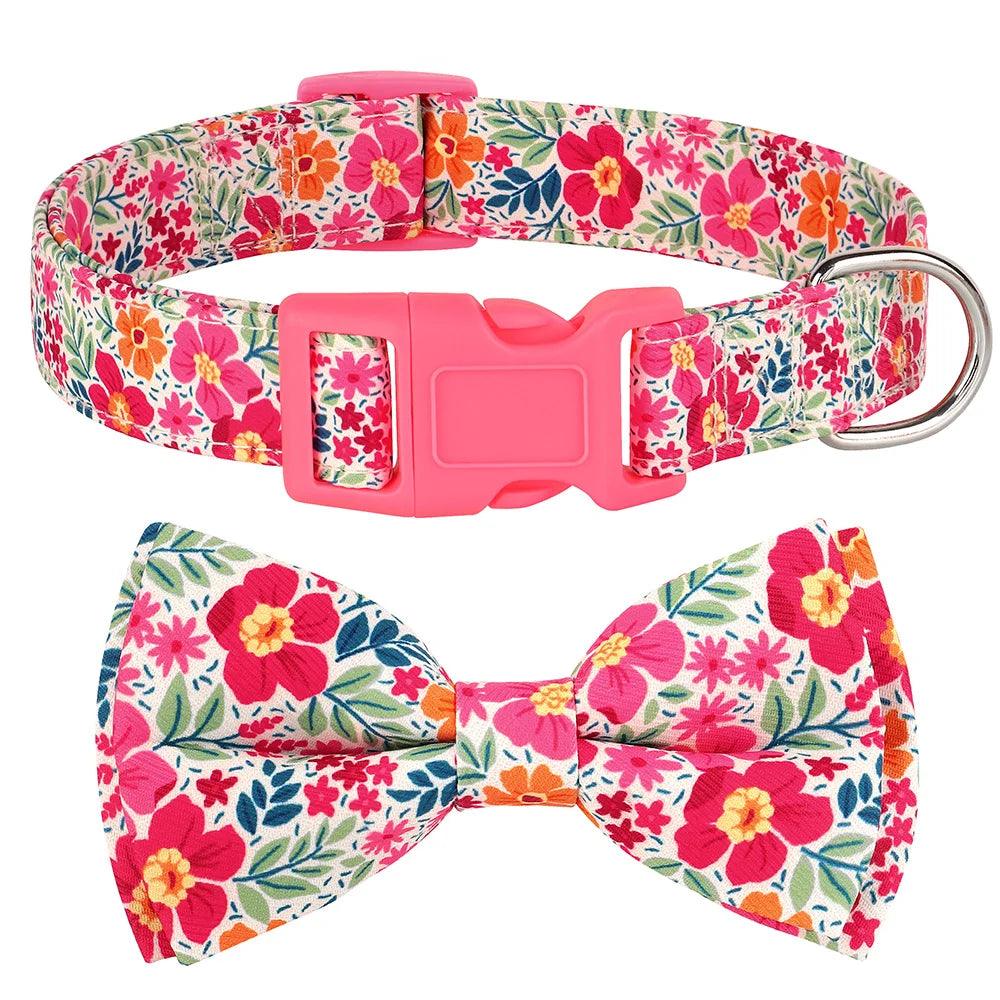 Lisslune | Floral Dress Adjustable Dog Collar with Bow Tie - Padded Nylon for All Breeds