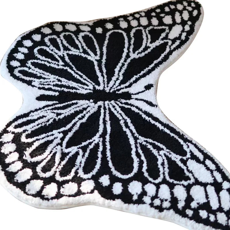 Rynx | Black White Tufting Butterfly Bedroom Rug Living Room Floor Mat Nightstand Mat Aesthetic Home Children's Room Nursery Decor