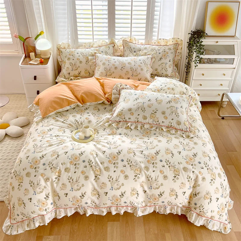Rynx Princess Style Ruffled 100% Cotton Duvet Cover Set or Single Duvet Covers Floral Soft Duvet Cover Cotton Sweet Duvet Covers